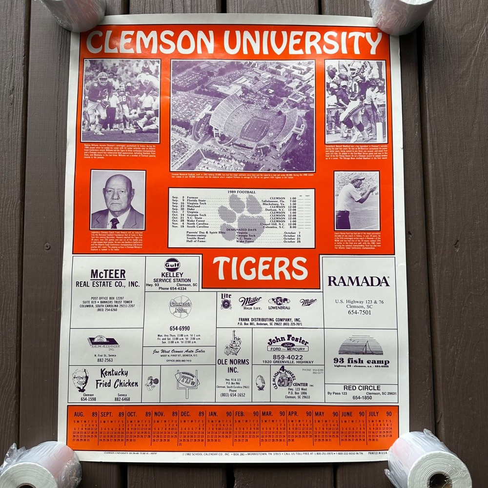 Vintage 1989 Clemson Tigers Football Schedule Calendar Poster 18x25" KFC Ramada